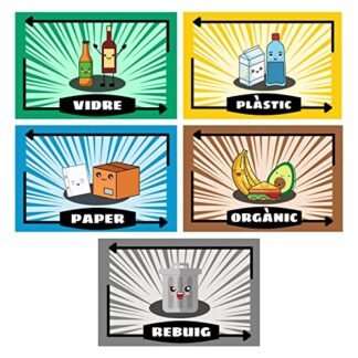 Etiquetes Adhesives per al Reciclatge d'Escombraries en Català. Pack de 5 Adhesius Kawaii a color per reciclar i gestió de residus - Vidre, Plàstic, Paper, Orgànic - Tamany de de 10 x 6,5 cm