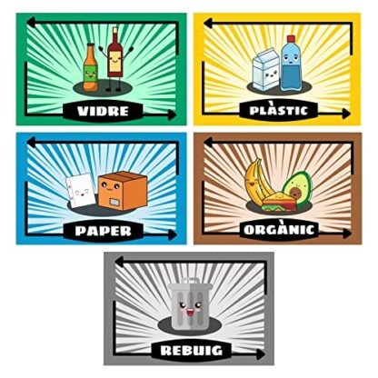 Etiquetes Adhesives per al Reciclatge d'Escombraries en Català. Pack de 5 Adhesius Kawaii a color per reciclar i gestió de residus - Vidre, Plàstic, Paper, Orgànic - Tamany de de 10 x 6,5 cm